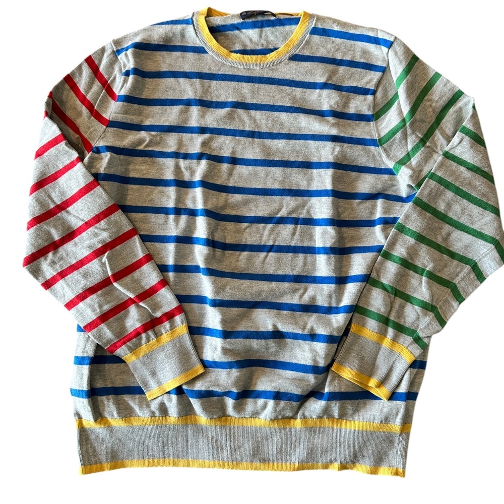 Brooks Bros. Crewneck Sweater – XXL (Grey with Yellow, Red, and Green Stripe Det